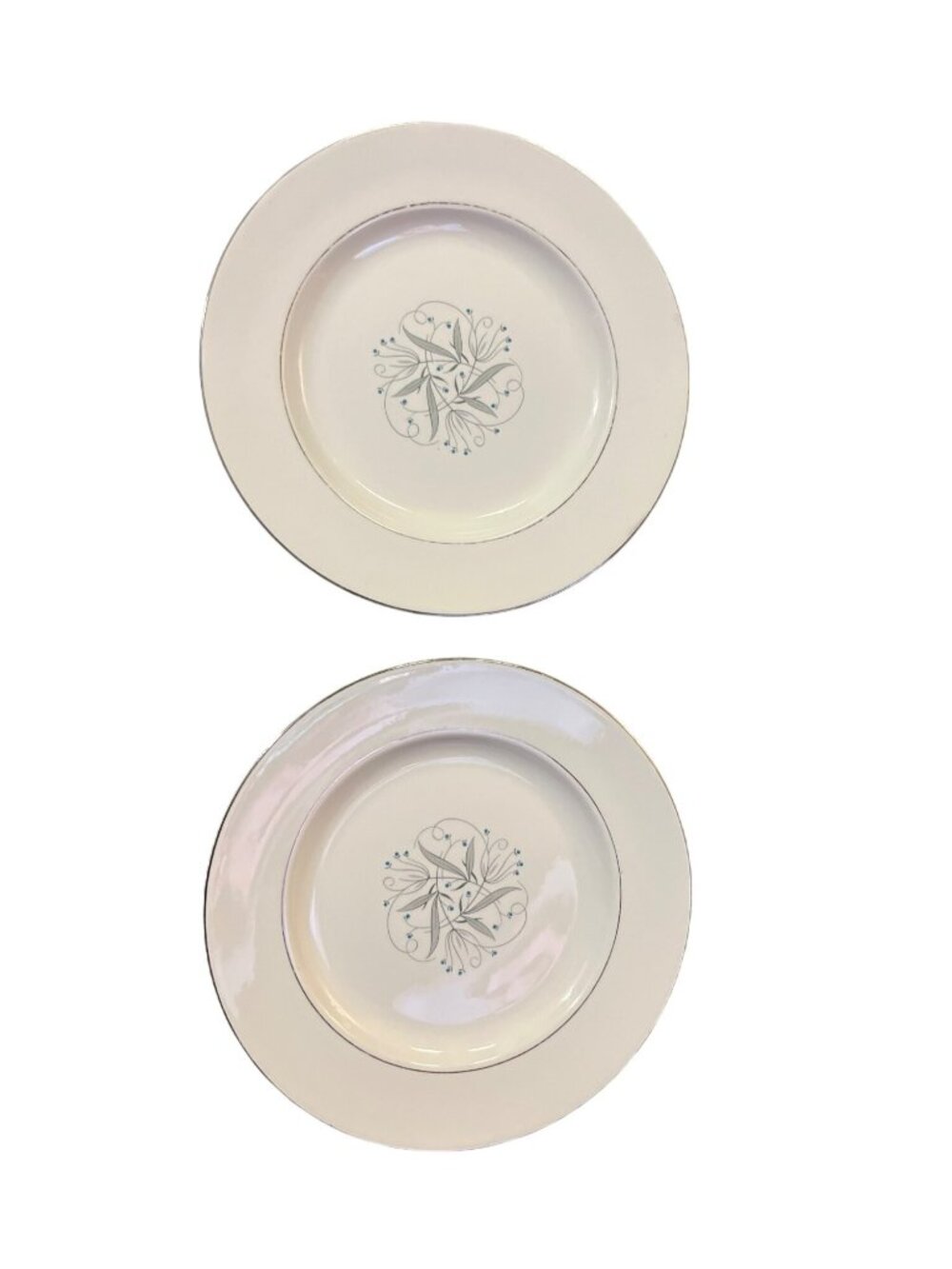 Vintage Homer Laughlin Celeste Dinner Plates 10 1/8" Set of 2 MCM Platinum Rim U